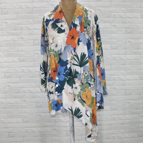 Shacket Wrap Shirt Jacket Floral Asymmetrical Unique Tropical Blue 2XL - Picture 1 of 14